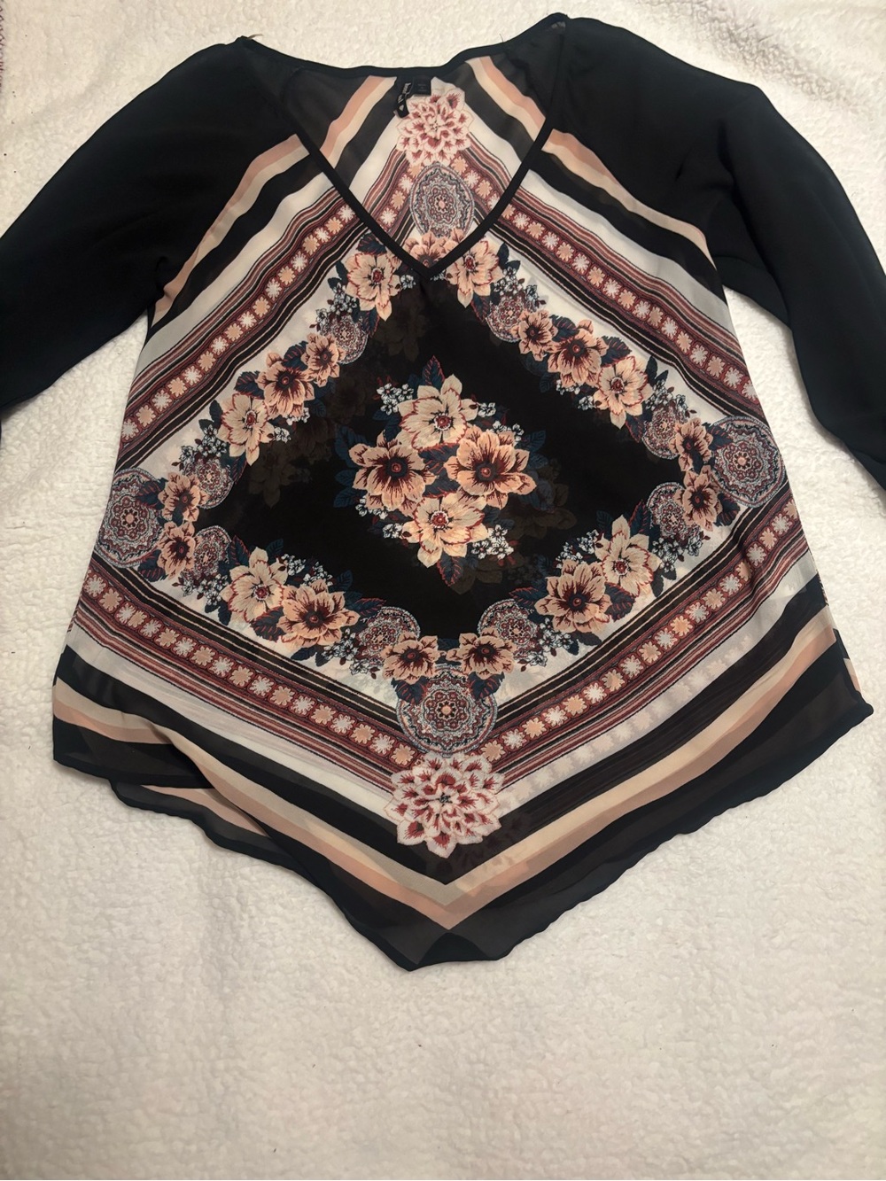 HeartSoul Black Floral Handkerchief-Hem Tunic with Cream & Blush Accents